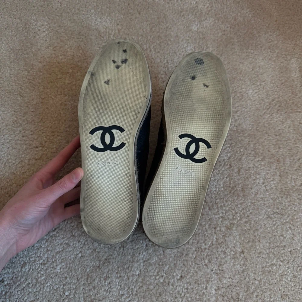 Chanel Lace Up Cotton Loafers Espadrilles 41 Black White